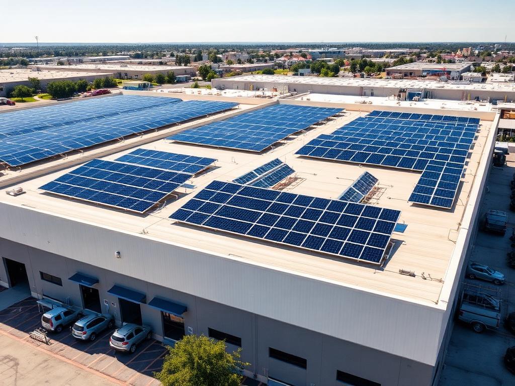 Painéis solares instalados em telhado de galpão comercial