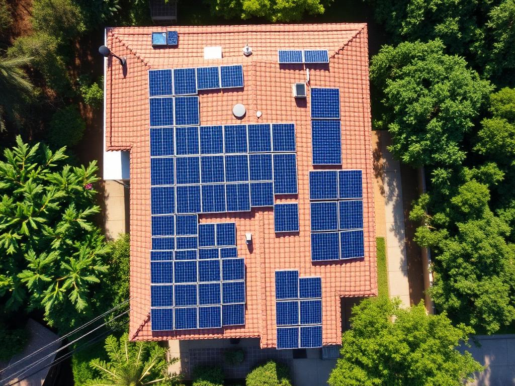 Vista aérea de telhado residencial coberto por painéis solares